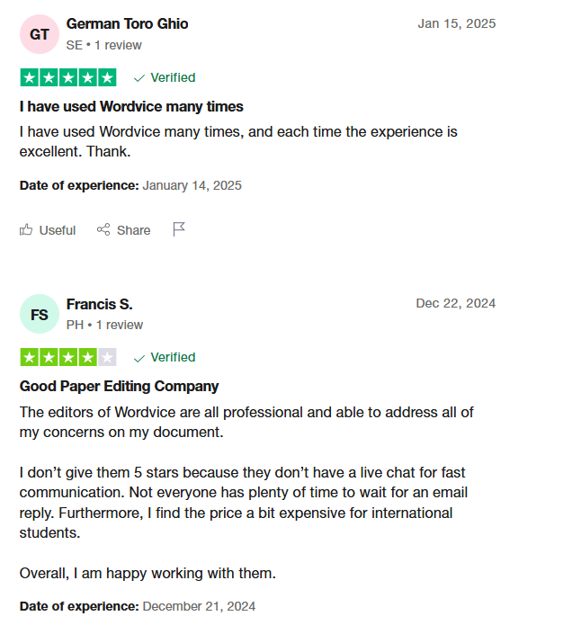 Wordvice客戶评价