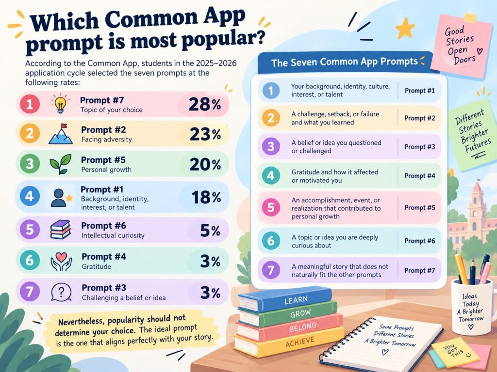 Infographic showing 2025-2026 Common App prompt selection rates alongside the seven prompt topics